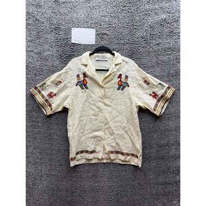 Etnodim Konyk Linen Embroidered Short Sleeve Shirt Beige Womens Size S